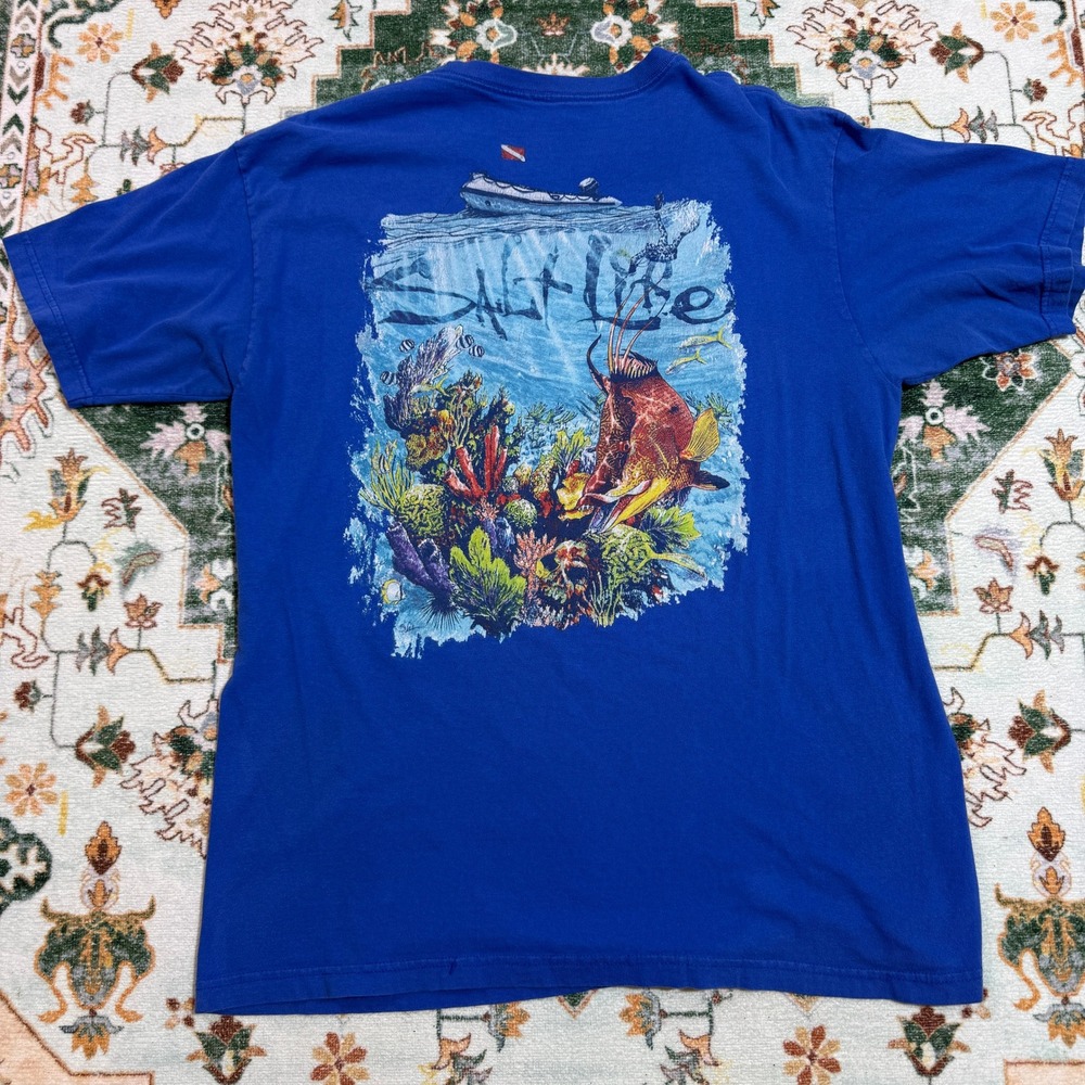 Salt Life Mens Blue Graphic T Shirt Coral Reef Fish Boat Short Sleeve
